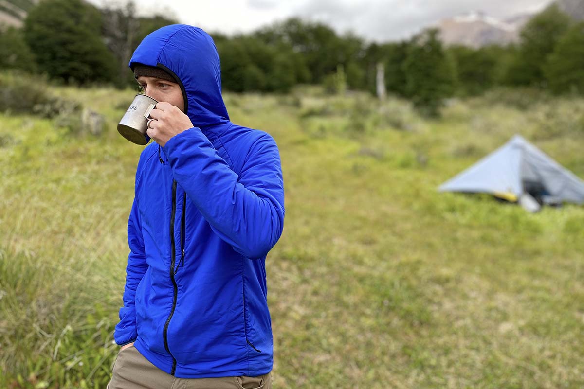 The North Face Ventrix Hoodie synthetic insulated jacket (drinking coffee in camp)